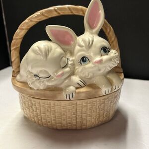 Cream Ceramic Bunny Basket Candy Jar - Small Pets Decor